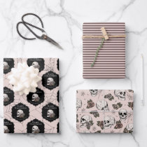 Gothic Blush Pink Skulls and Stripes Halloween  Wrapping Paper Sheets