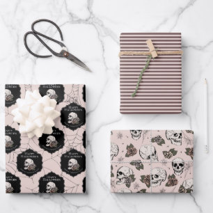 Gothic Blush Pink Skulls and Stripes Halloween  Wrapping Paper Sheets