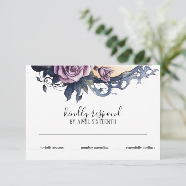 Gothic Boho Floral Raven & Rose Wedding RSVP Card (Standing Front)