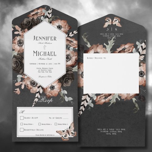 Gothic Boho Moth Black  Brown Floral Dinner All In One Invitation