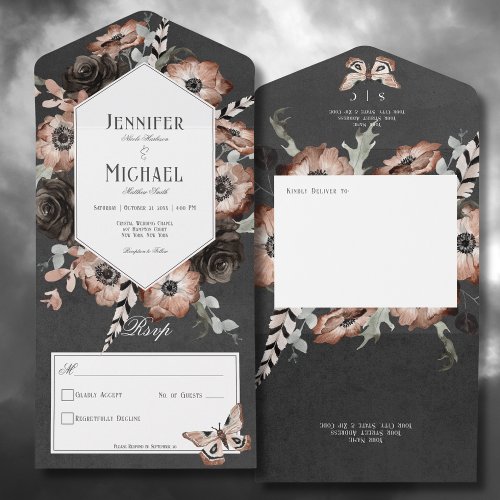 Gothic Boho Moth Black  Brown Floral No Dinner All In One Invitation