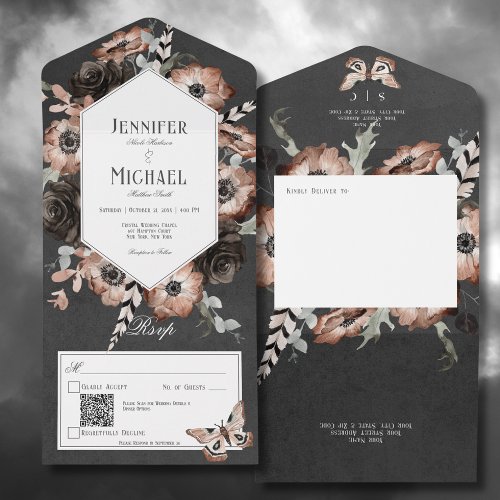 Gothic Boho Moth Black  Brown Floral QR Code All In One Invitation