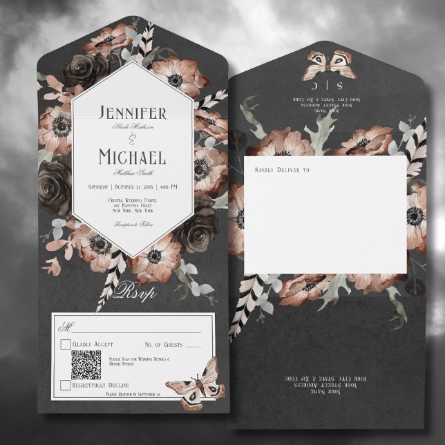 Gothic Boho Moth Black & Brown Floral QR Code All In One Invitation (Gothic Boho Moth Black & Brown Floral All In One Wedding Invitation with QR Code)