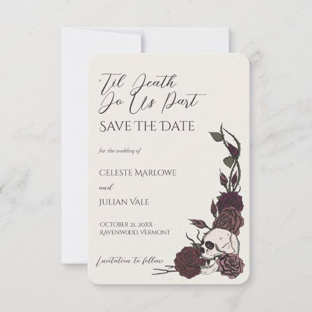Gothic Bone and Burgundy Til Death Save the Date (Front)