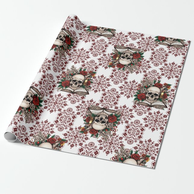 Gothic Book, Skull and Roses Wrapping Paper (Unrolled)