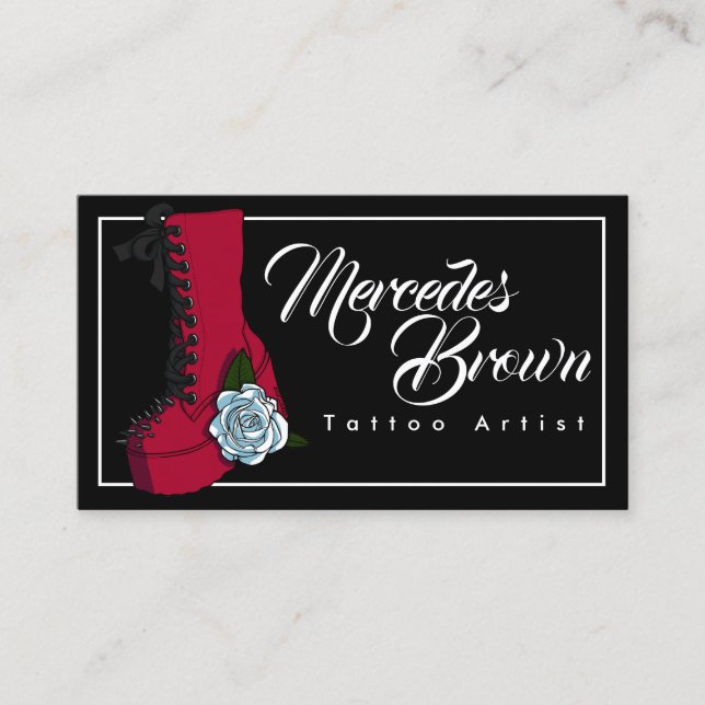 Gothic Boot Script Black Tattoo Artist Business Card (Front)
