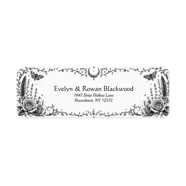 Gothic Botanical Black and White Wedding Label (Front)