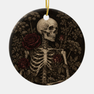 Gothic Botanical Skeleton Victorian Etching Burgun Ceramic Ornament