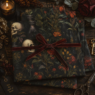 Gothic Botanical Skull Halloween Wrapping Paper Sheets