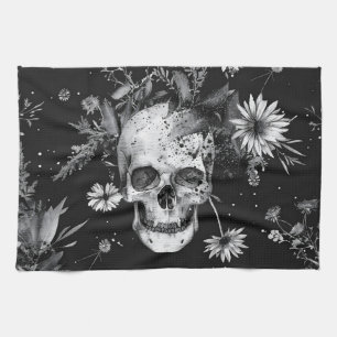 Gothic Botanical Skull & Wildflowers Kitchen Towel