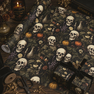 Gothic Botanical Skulls & Pumpkins Halloween Wrapping Paper