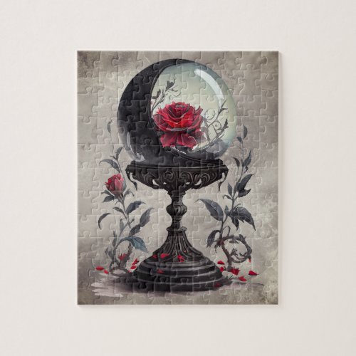 Gothic Boudoir  Moon Crystal Ball with Red Roses Jigsaw Puzzle