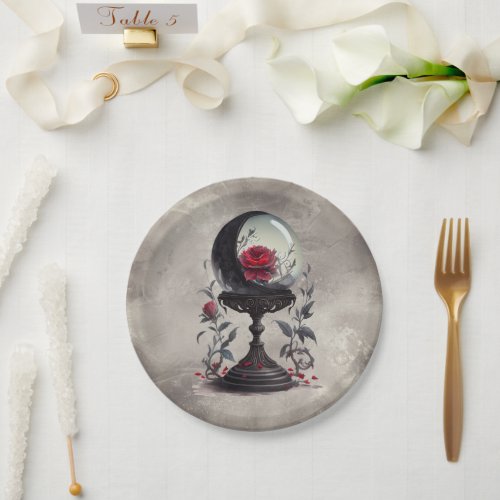 Gothic Boudoir  Moon Crystal Ball with Red Roses Paper Plates
