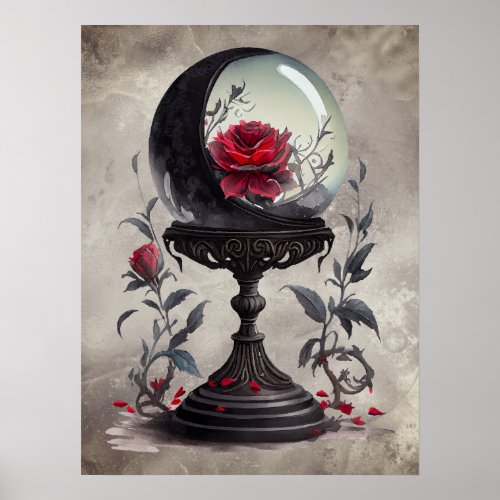 Gothic Boudoir  Moon Crystal Ball with Red Roses Poster