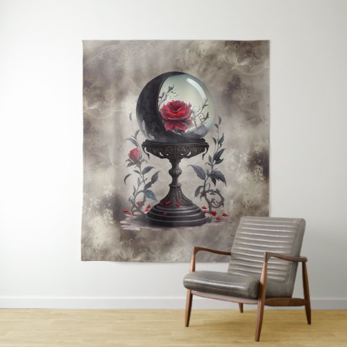 Gothic Boudoir  Moon Crystal Ball with Red Roses Tapestry