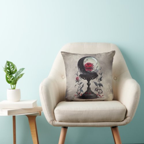 Gothic Boudoir  Moon Crystal Ball with Red Roses Throw Pillow