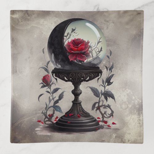 Gothic Boudoir  Moon Crystal Ball with Red Roses Trinket Tray