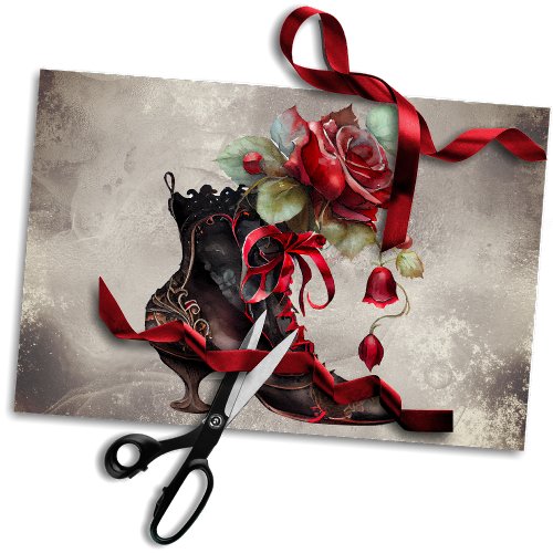Gothic Boudoir  Vintage Dress Boot With Red Roses Tissue Paper