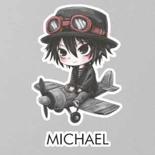 Gothic Boy Pilot flies Airplane Personalized Anime Sticker