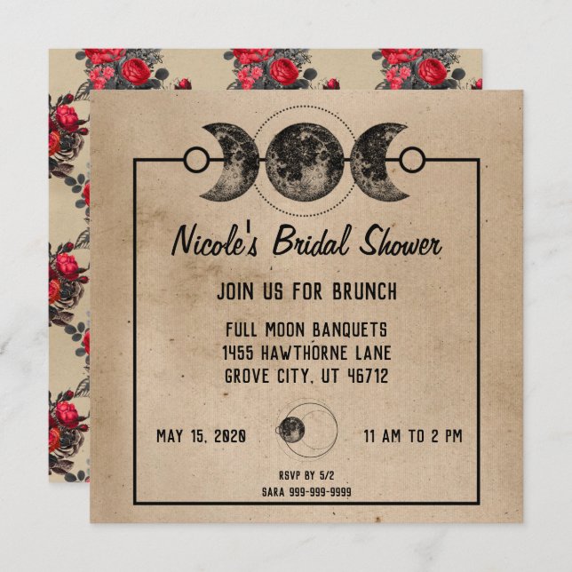 Gothic Bridal Shower Red Roses Celestial Invites (Front/Back)