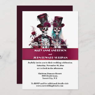 Gothic bride groom skeleton burgundy rose wedding invitation
