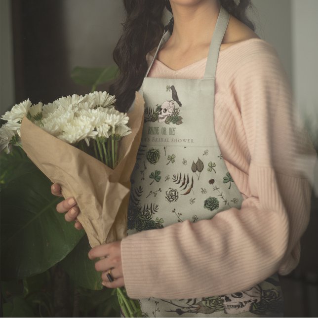 Gothic Bride or Die Floral Skull Irish Wedding Apron (Elegant Gothic Sage Green Bride or Die Wedding Apron. Floral Skull, Clover, Shamrock & Green Roses.)