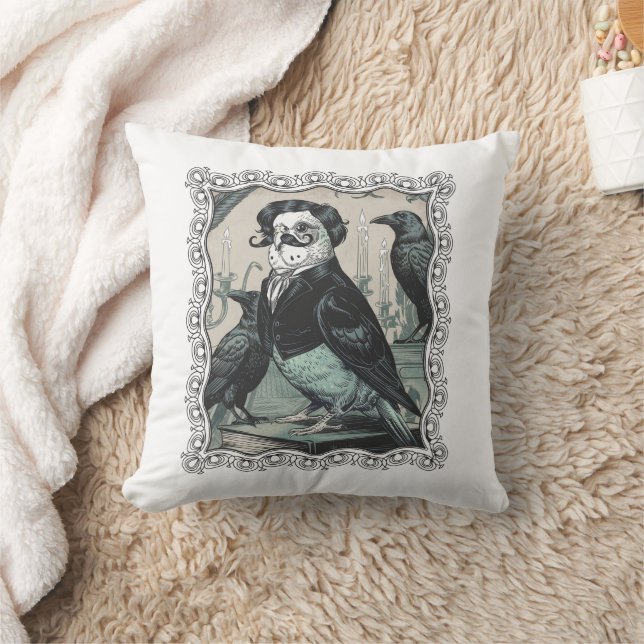 Gothic Budgie Edgar Allan Poe Inspired Parakeet Throw Pillow (Blanket)