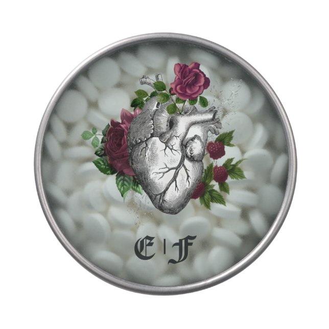 Gothic Burgundy Floral Heart Monogram Candy Tin (Top)