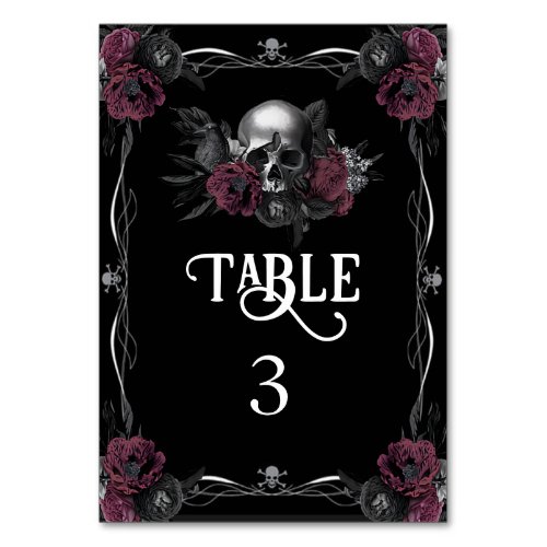Gothic Burgundy Floral Skull Halloween Wedding Table Number