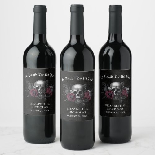 Gothic Burgundy Floral Skull Halloween Wedding  Wine Label