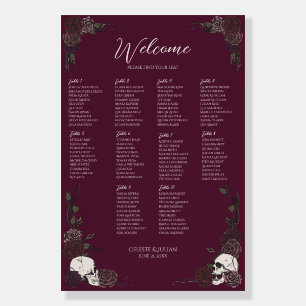 Gothic Burgundy Floral Skull Seating Chart Sign