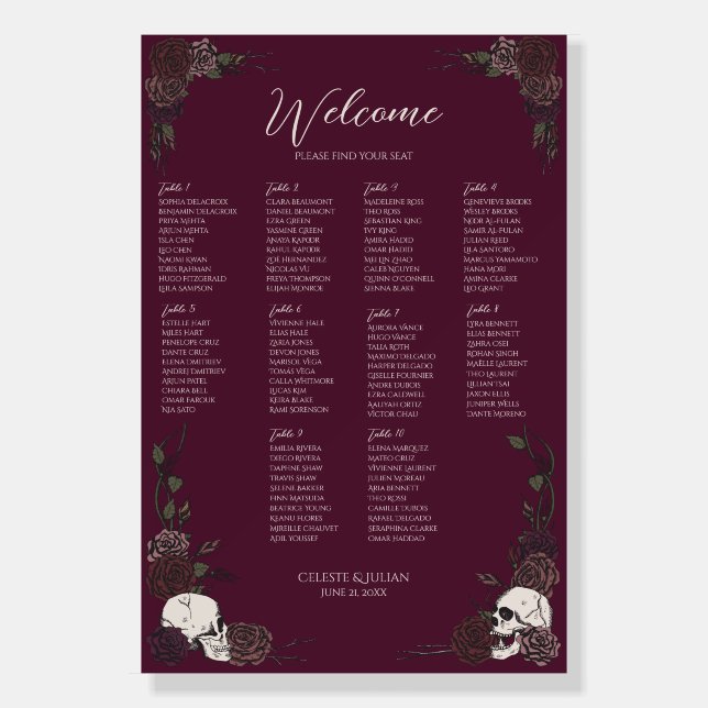 Gothic Burgundy Floral Skull Seating Chart Sign (Front)