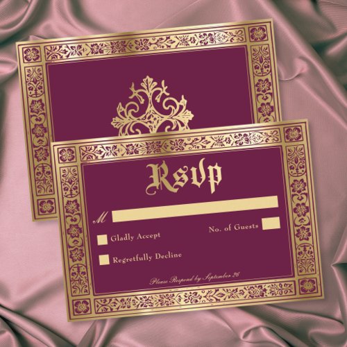 Gothic Burgundy Gold Medieval Until Death Wedding RSVP Card