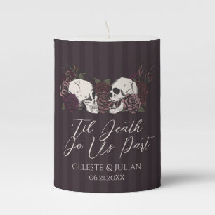 Gothic Burgundy Striped Floral Wedding Pillar Candle