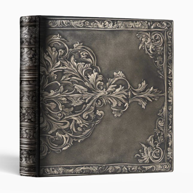 Gothic Burnished Silver Filigree Leather 3 Ring Binder (Front/Spine)