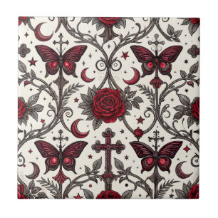 Gothic Butterfly Floral Pattern (1) Ceramic Tile