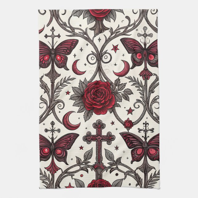 Gothic Butterfly Floral Pattern (1) Kitchen Towel (Vertical)