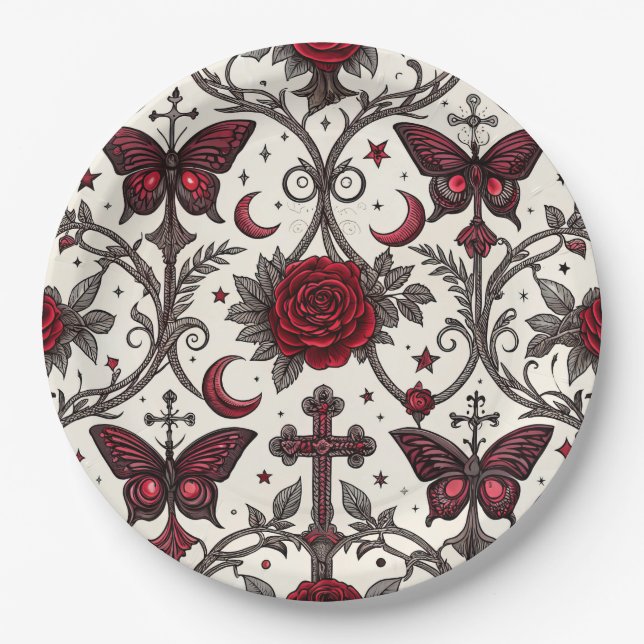 Gothic Butterfly Floral Pattern (1) Paper Plates (Front)