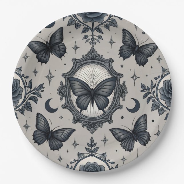 Gothic Butterfly Floral Pattern (2) Paper Plates (Front)