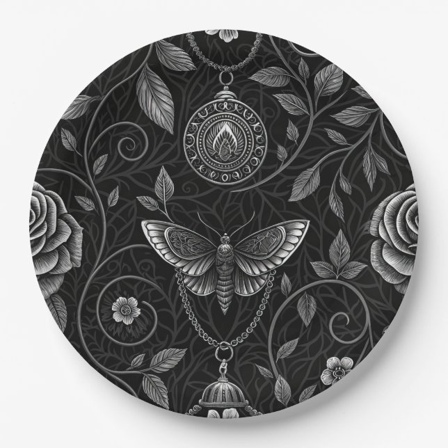 Gothic Butterfly Floral Pattern (3) Paper Plates (Front)