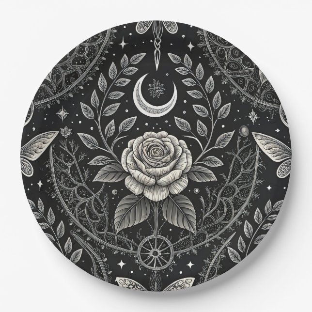 Gothic Butterfly Floral Pattern (4) Paper Plates (Front)