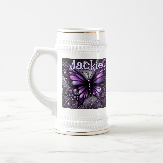 Gothic Butterfly Purple Black Personalized Beer Stein (Left)