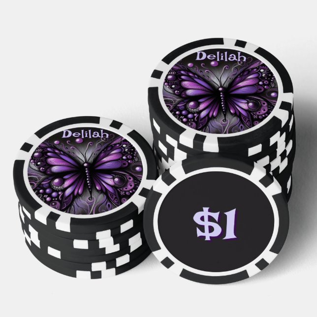 Gothic Butterfly Purple Black Personalized Poker Chips (Stack)
