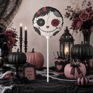 Gothic Button Eye Doll Face Pink Black Halloween Balloon