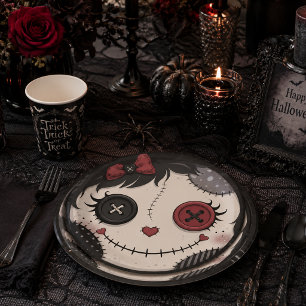 Gothic Button Eye Doll Face Pink Black Halloween Paper Plates