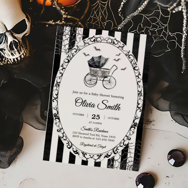 Gothic Carriage Halloween Baby Shower Invitation (Gothic Vintage Baby Carriage Stroller Bats Halloween Baby Shower Invitation)