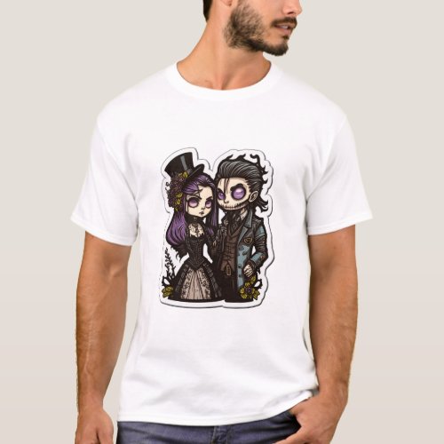 Gothic Cartoon Couple Sticker Art Mens Basic T_Sh T_Shirt