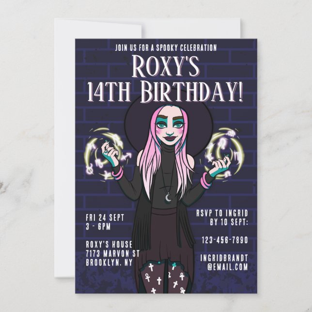 Gothic Cartoon Witch Girl 14th Birthday Invitation (Front)