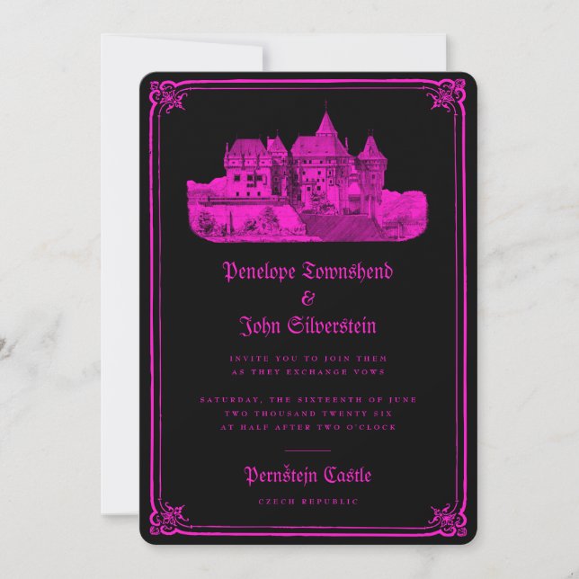 Gothic Castle Border Hot Pink Black Wedding Invitation (Front)