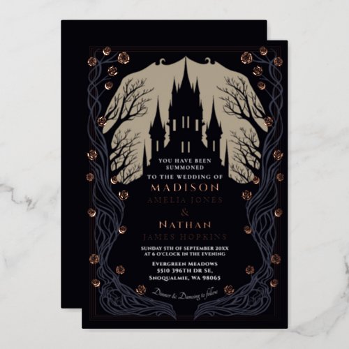 Gothic Castle Floral Halloween Wedding Foil Invitation